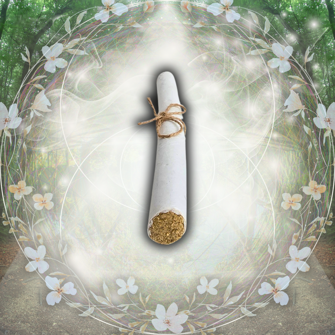 Herb bundle wrapped in white paper with twine, surrounded by floral and ethereal design