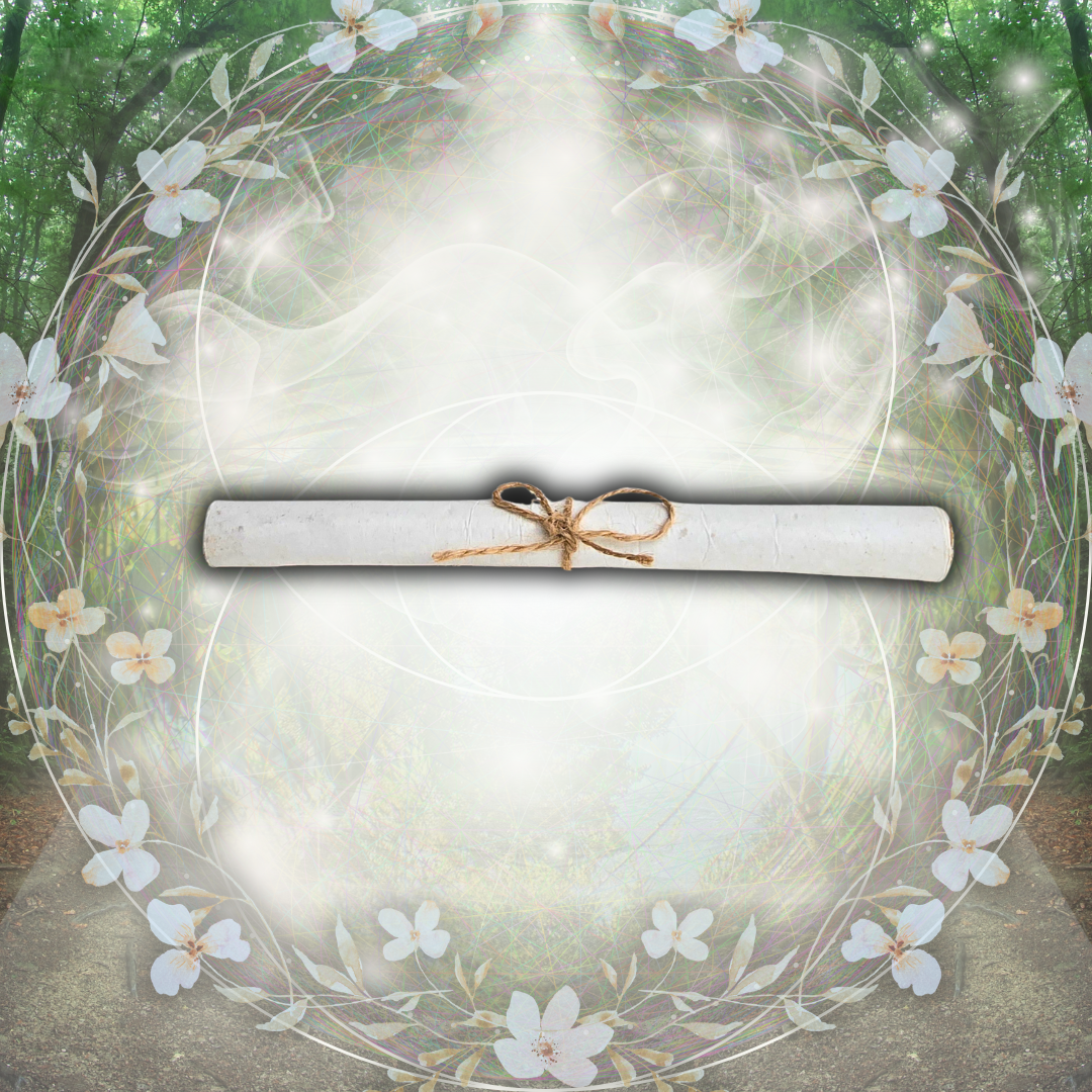 A rolled parchment tied with twine on a decorative floral background with a mystical overlay.