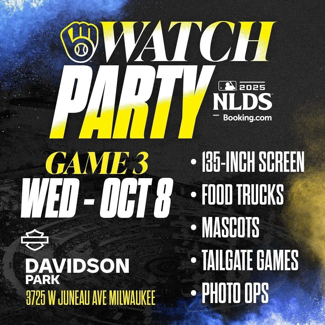 The NLCS is ON THE LINE!!l The Brewers need YOUR support. If you can’t make the train ride to American Family Field South; join us at Davidson Park for your OFFICIAL NLDS Game 3 watch party. 
First pitch is at 4:08Pm, but join us when we open