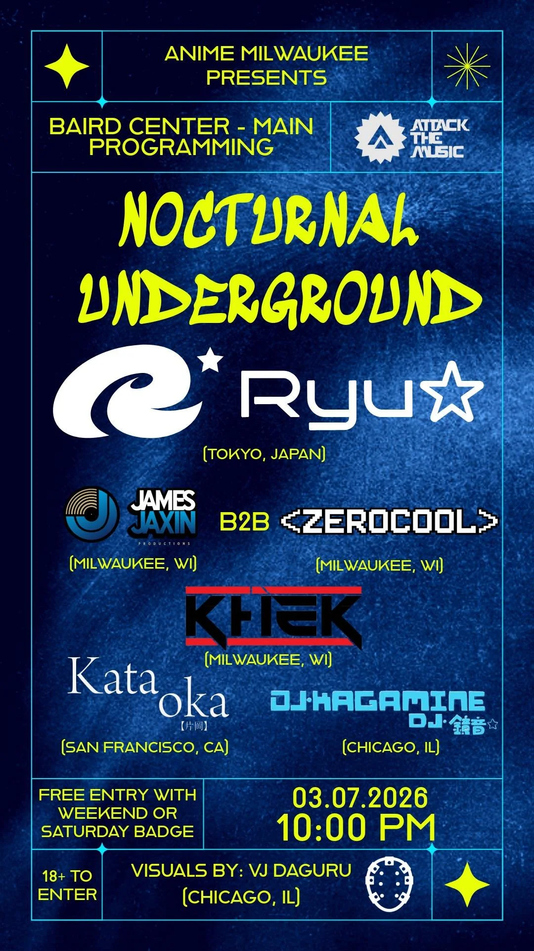 🚨🚨🚨🚨 Tonight&rsquo;s the night! Nocturnal Underground at Anime Milwaukee! This lineup is nothing short of awesome and I can&rsquo;t wait to share the stage with my boy Parker Michael for the 2nd year in a row. Get to AMKE and catch the party star