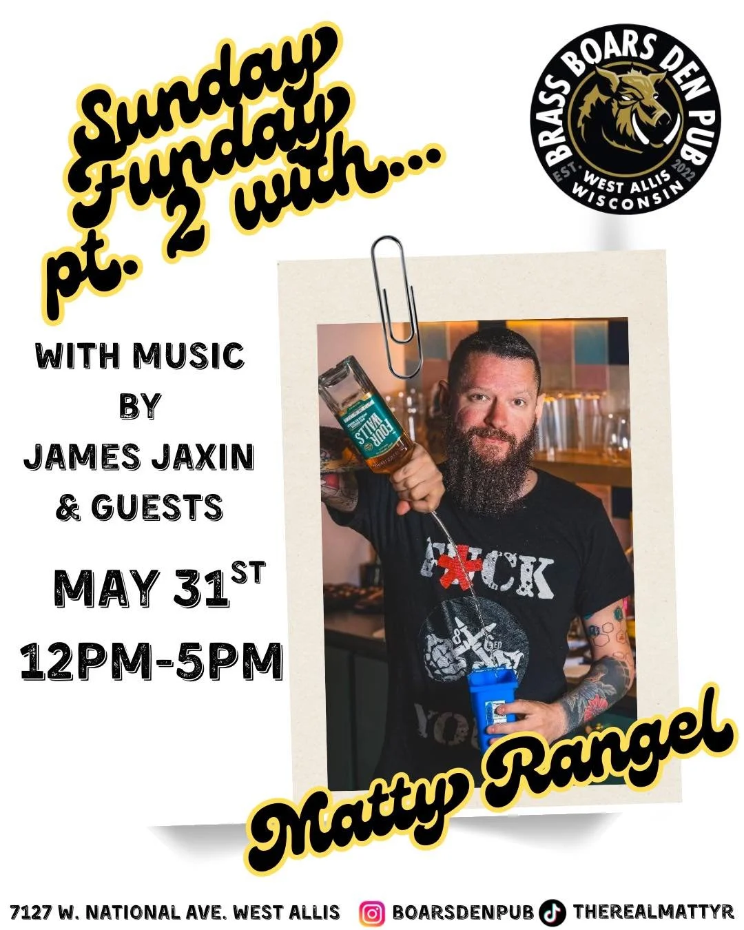 My service industry folk! Join us for an afternoon funday tomorrow at Brass Boar's Den Pub 12-5. My guy Matty Rangel will be gracing us with his presence along with Alyssa Krause. Music by yours truly and a whole bunch of friends coming in to set the