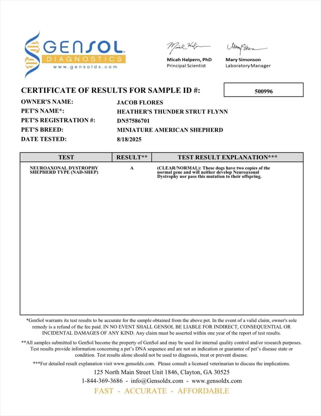 Gensol Diagnostics laboratory report for a Miniature American Shepherd dog named Heather's Thunder Strut Flynn, testing for Neuroaxonal Dystrophy, which shows a normal result.