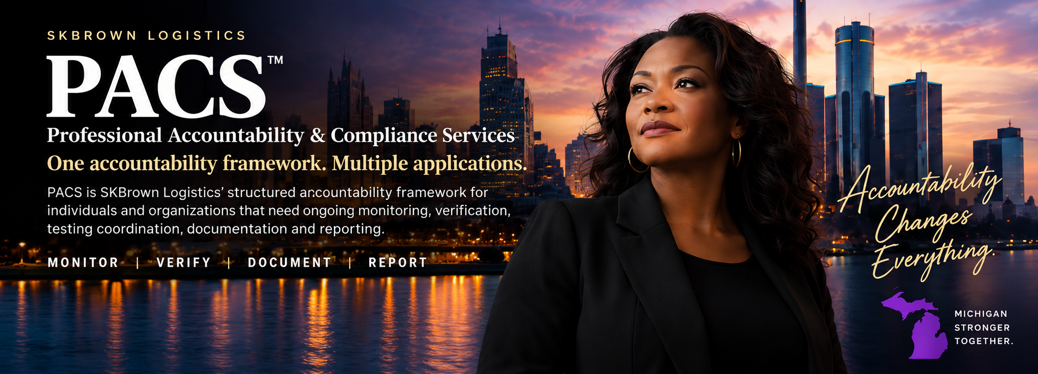 A woman in a black blazer stands near a city skyline at sunset with the text promoting PACS, a structured accountability framework by SKBrown Logistics, for accountability, verification, documentation, and reporting, featuring a purple Michigan map with the slogan 'Michigan Stronger Together'.