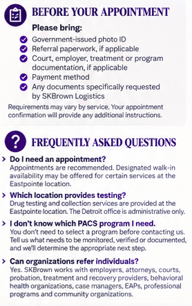 Information about preparing for a medical appointment, including required documents, frequently asked questions, testing information, and contact details, with purple headers and bullet points.