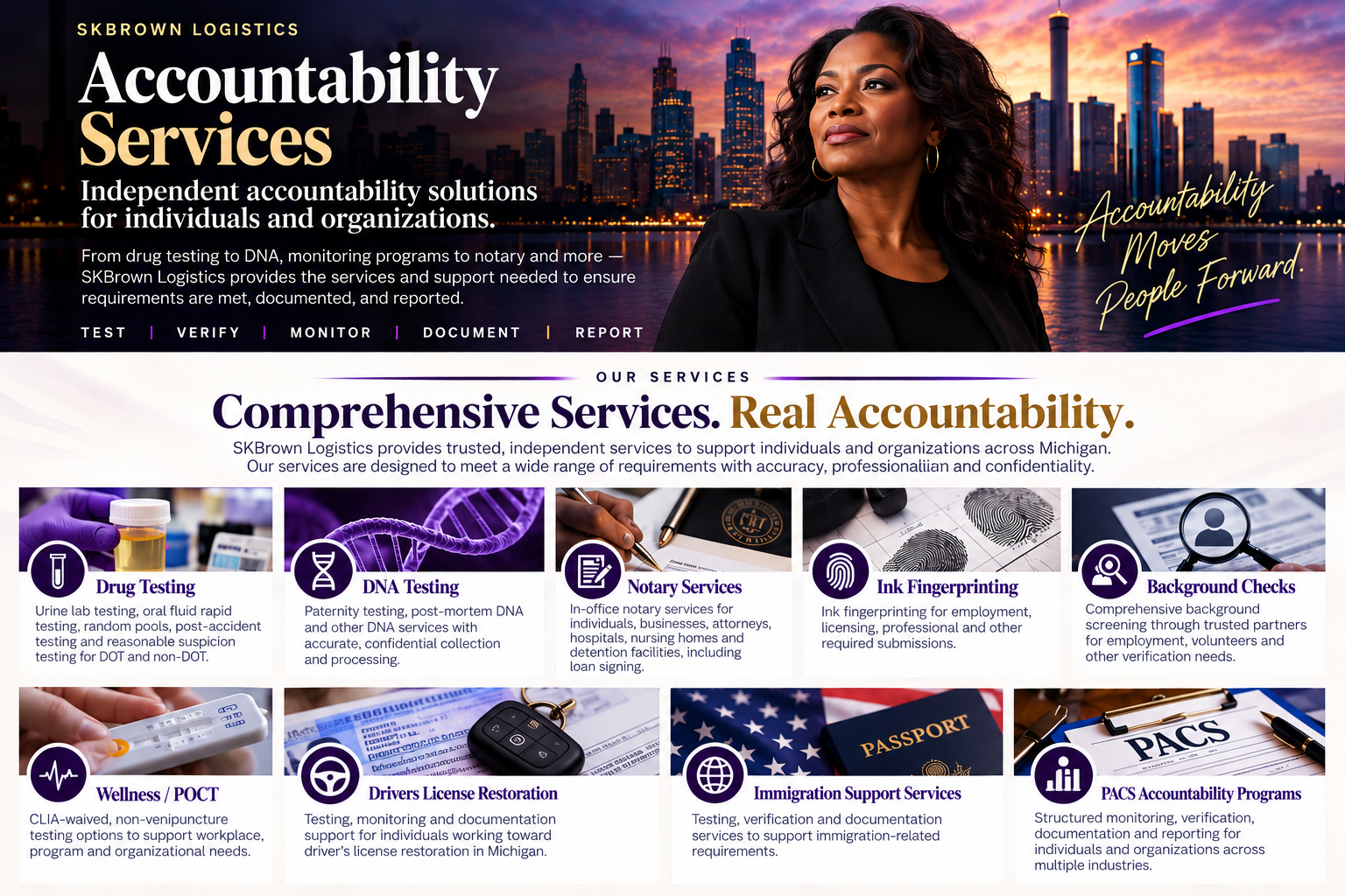 An advertisement for SKBrown Logistics accountability services featuring a woman with dark hair and a city skyline at sunset in the background, showcasing various services like drug testing, DNA testing, notary services, ink fingerprinting, background checks, wellness/POCT, driver license restoration, immigration support, and PACS accountability programs.