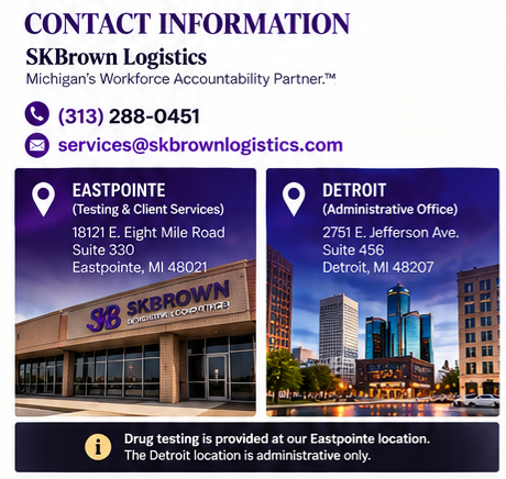 Contact information for SKBrown Logistics, including phone number, email, and locations in Eastpointe and Detroit, Michigan, with images of the Eastpointe office building and Detroit city skyline.