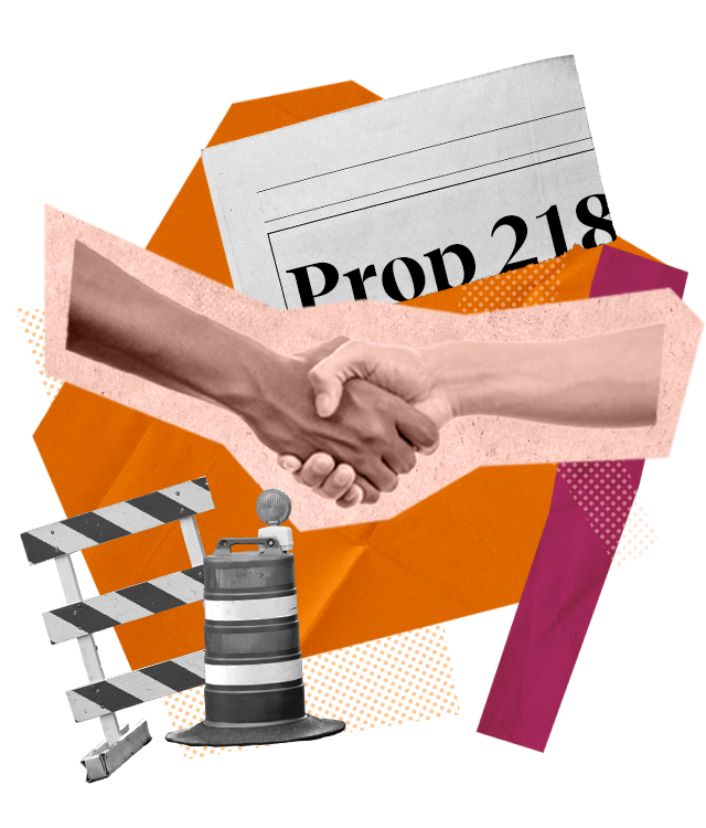 Collage of two hands shaking, traffic barricade, traffic cone and Prop 218 to symbolize the importance of public participation and engagement services with JPW Communications