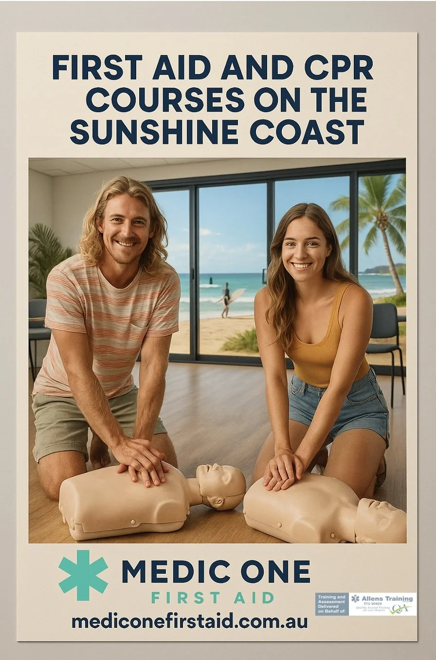 Poster advertising first aid and CPR courses on the Sunshine Coast, featuring two smiling instructors kneeling next to mannequins, with a beach view in the background.