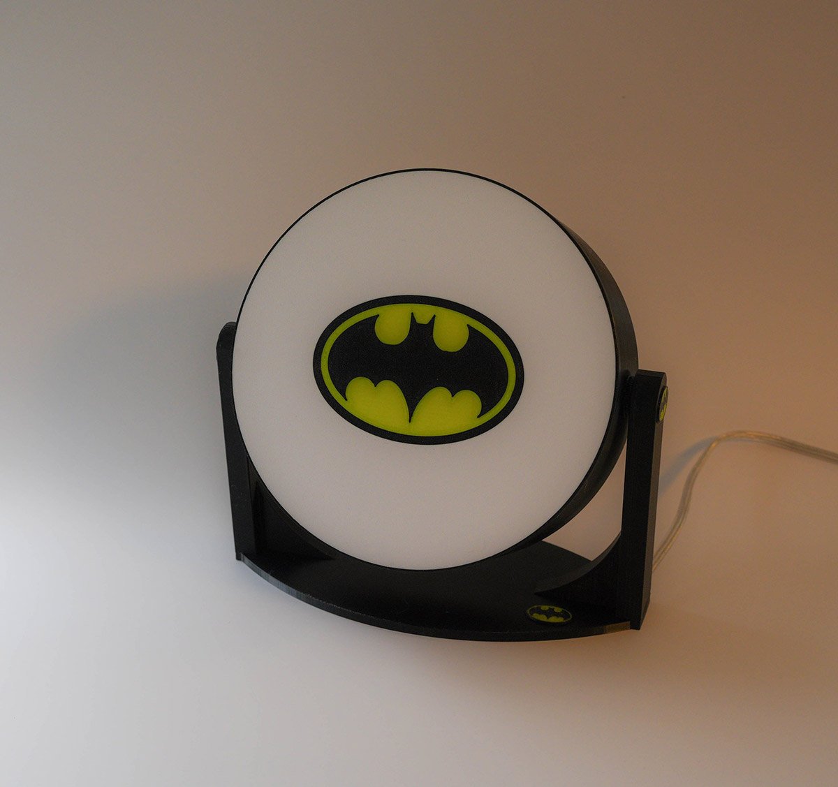 Batman Light, corded with switch, 3d printed, on black, white and yellow