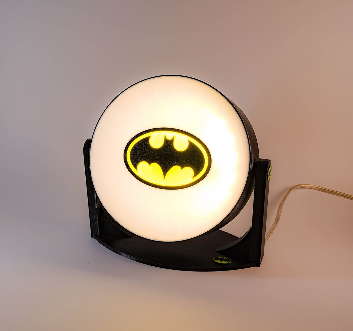 Batman Light, corded with switch, 3d printed, on black, white and yellow