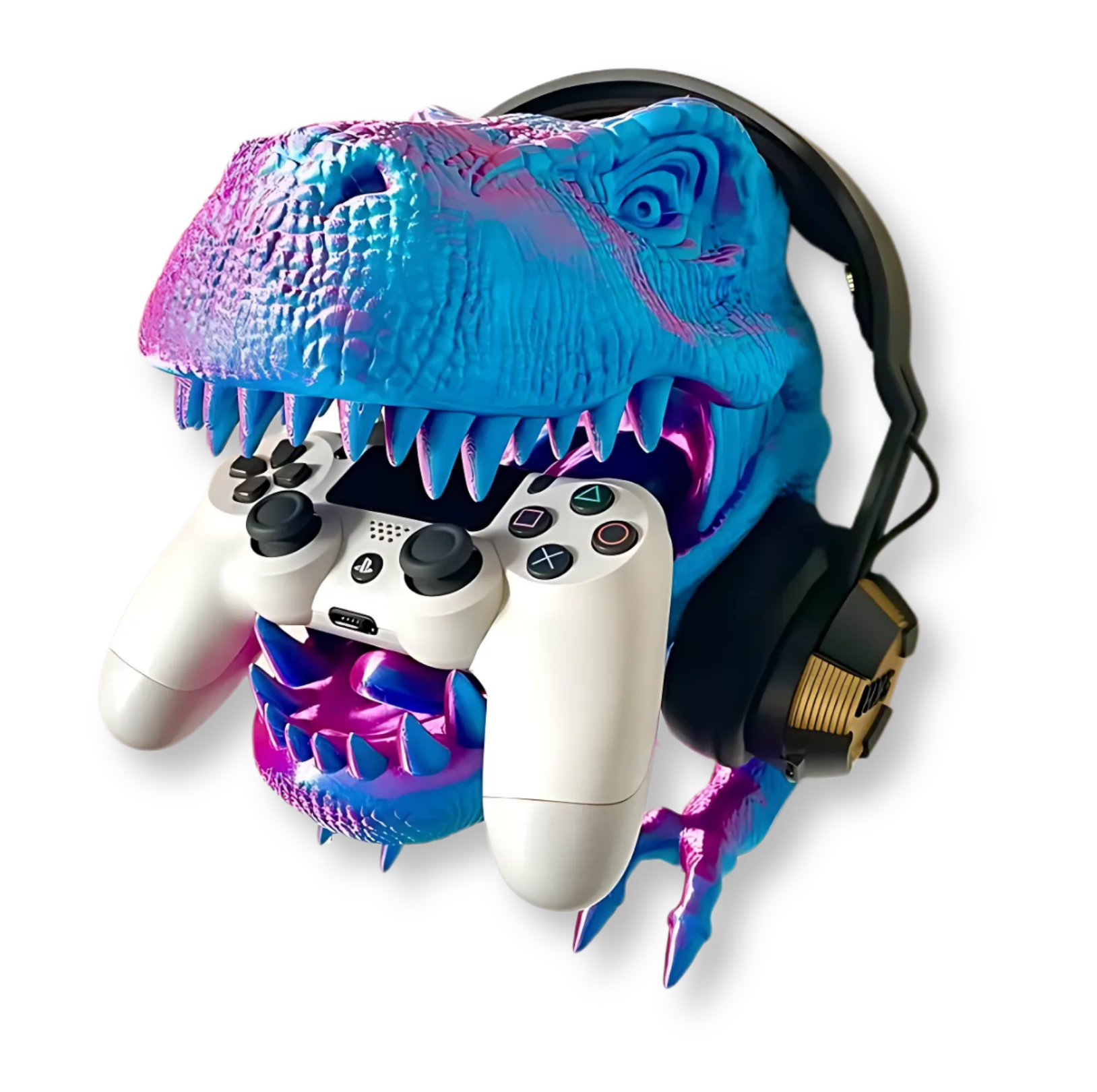 Cabeza de dinosaurio azul con auriculares sosteniendo un control de videojuego.