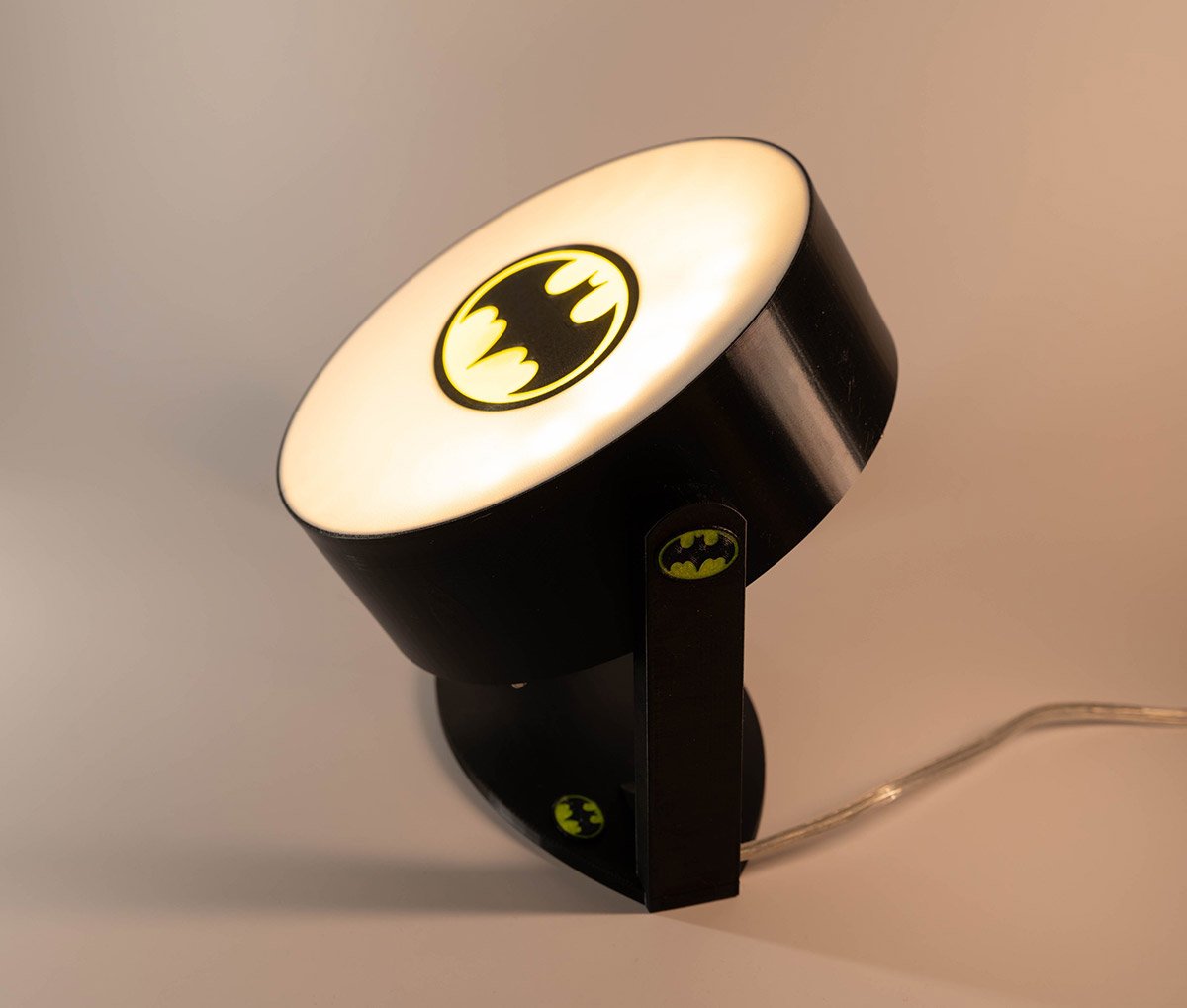 Batman Light, corded with switch, 3d printed, on black, white and yellow