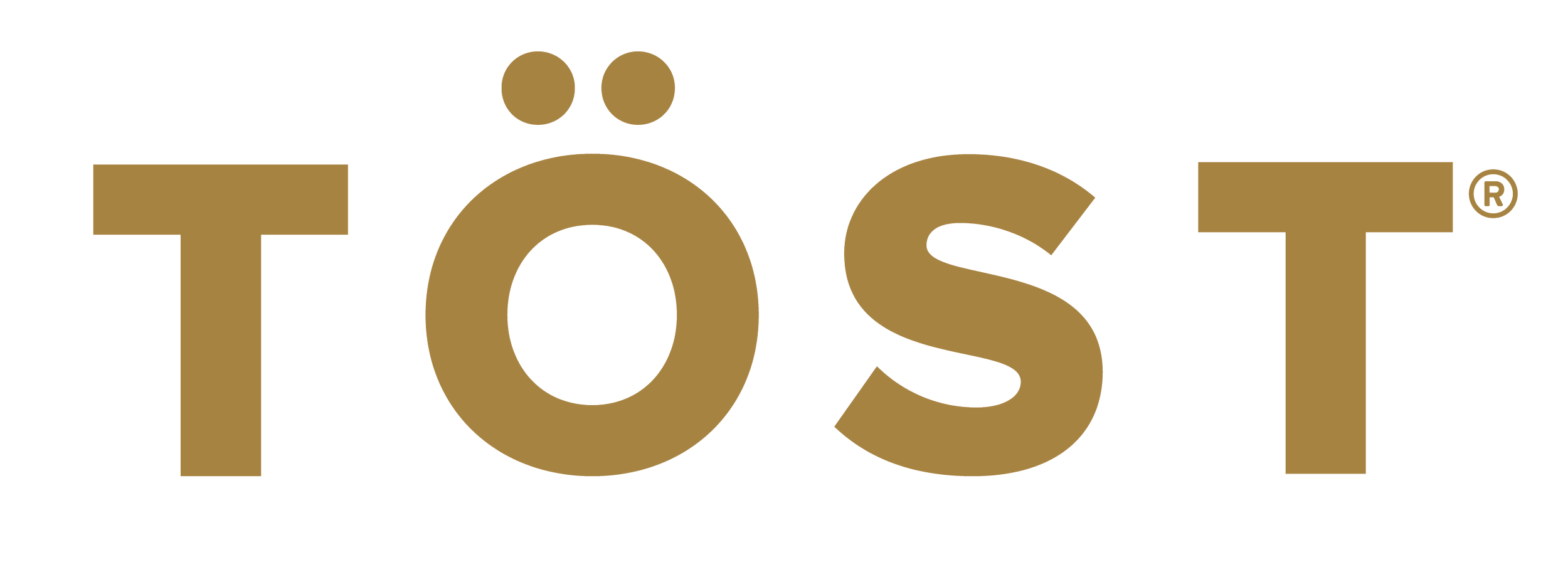 Logo for TÖST featuring gold lettering on a blank background.