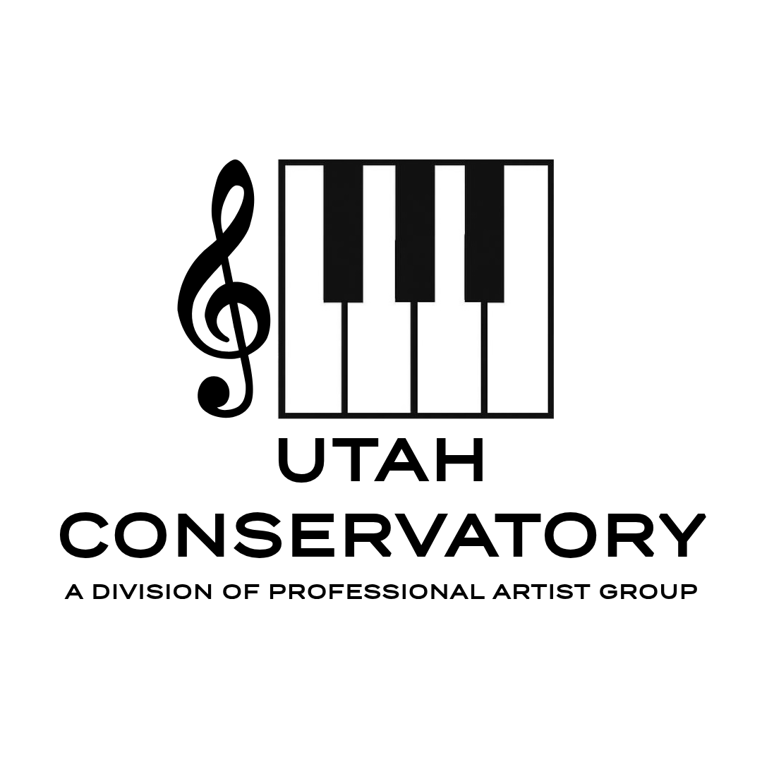Logo of Utah Conservatory with a treble cleff and piano keyboard.