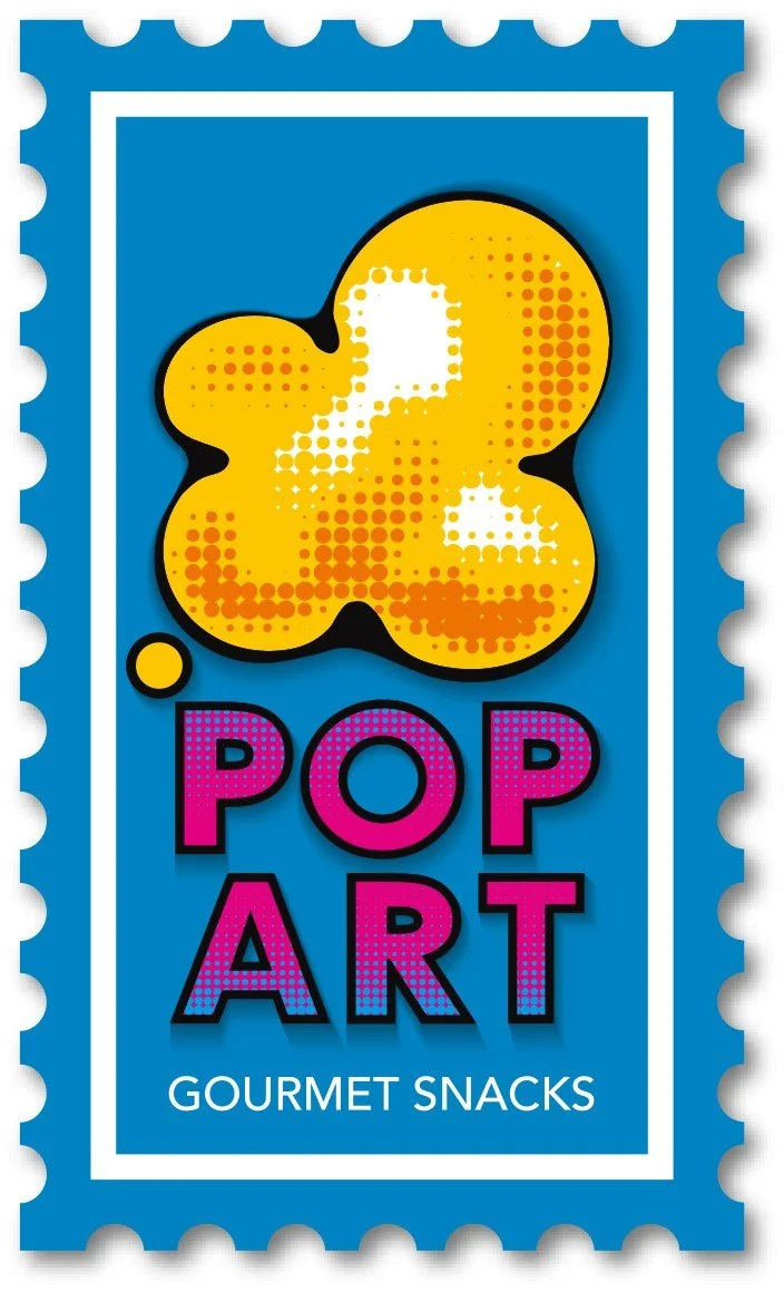Logo for Pop Art Snacks featuring a stamp with an abstract piece of popcorn.