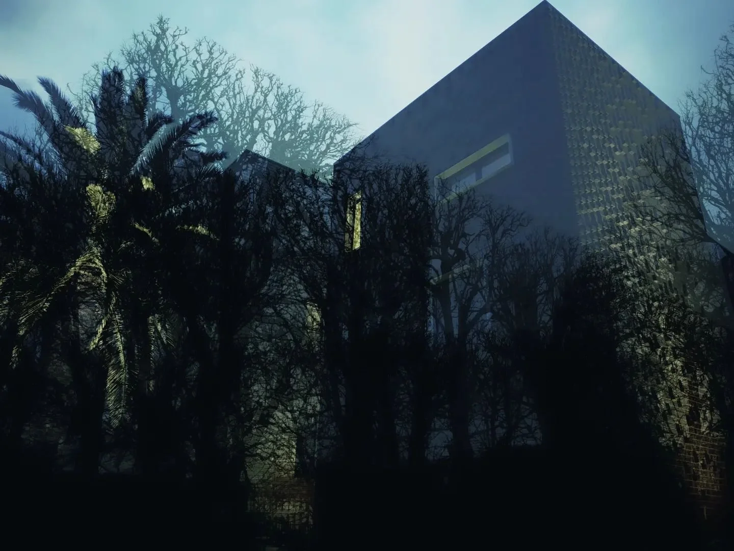 Abstract digital art of a geometric building merged with silhouettes of trees and palm leaves at dusk.