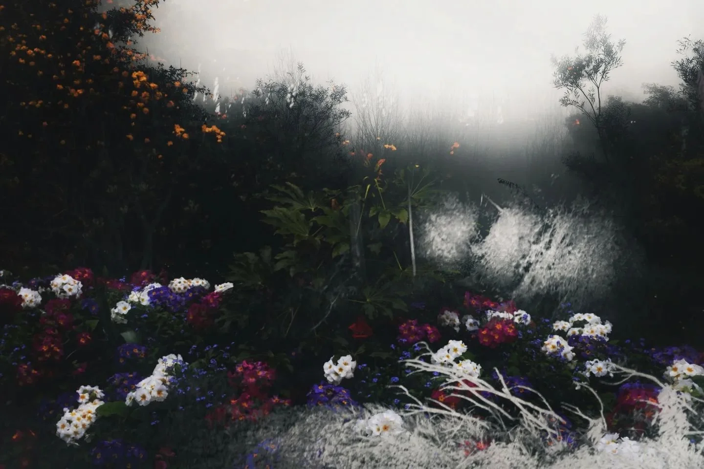 Misty garden landscape with colorful flowers and dense foliage.