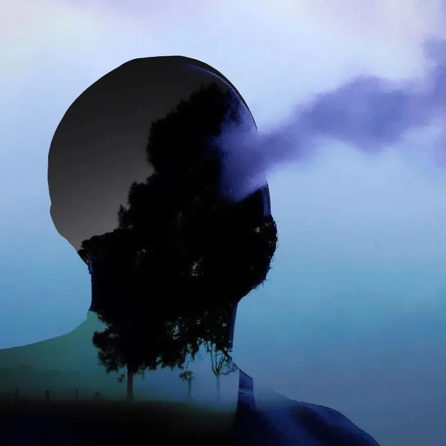 Silhouette of a head with a tree and blue smoke effect.