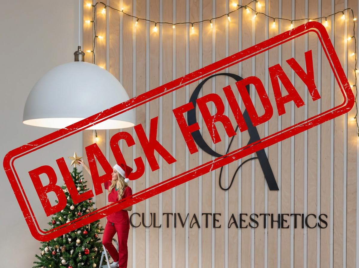 A woman dressed in a red festive outfit with a Santa hat standing next to a decorated Christmas tree in a modern aesthetic space with wooden wall paneling and string lights. There is a large black circular logo and the text 'CULTIVATE AESTHETICS' on the wall. A red stamp overlay reads 'BLACK FRIDAY'.