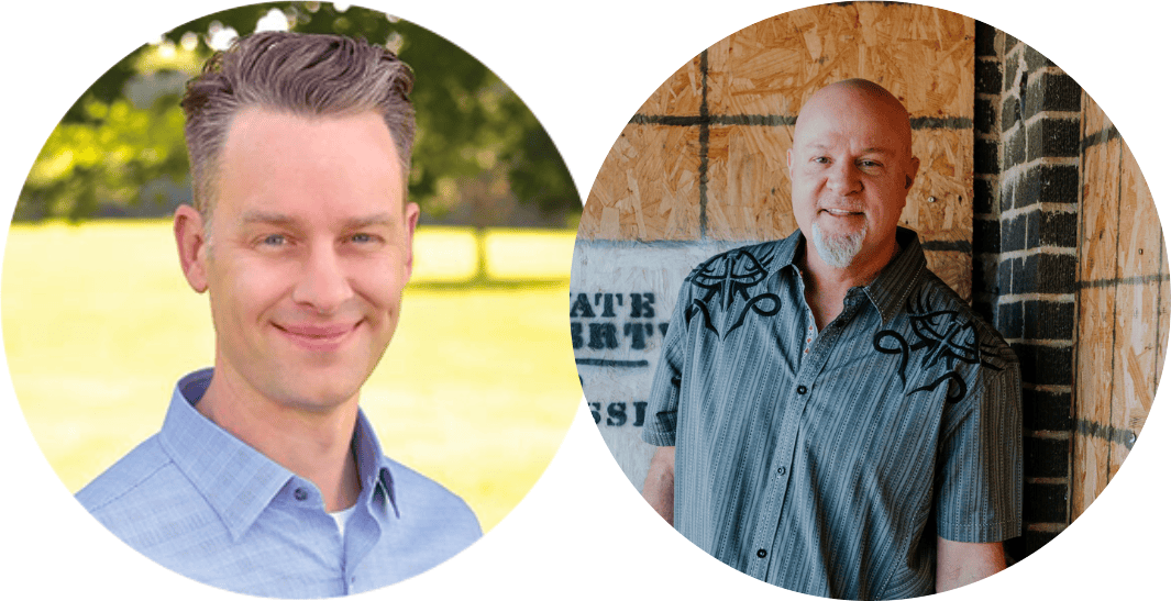 Two men posed side by side with a white background, each within a circular frame. The man on the left has short gray hair and is wearing a light blue collared shirt outdoors with greenery in the background. The man on the right is bald with a goatee, wearing a dark gray striped short-sleeve shirt, standing against a construction site background with wood and brick.