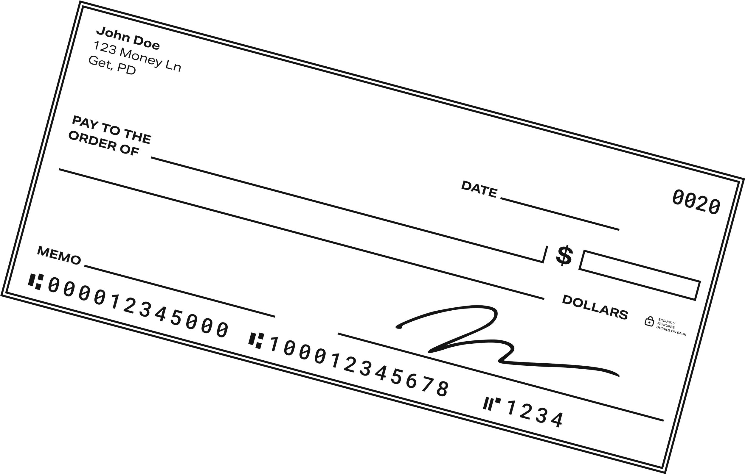 Blank personal check with details such as name John Doe, address, memo line, and signature area.