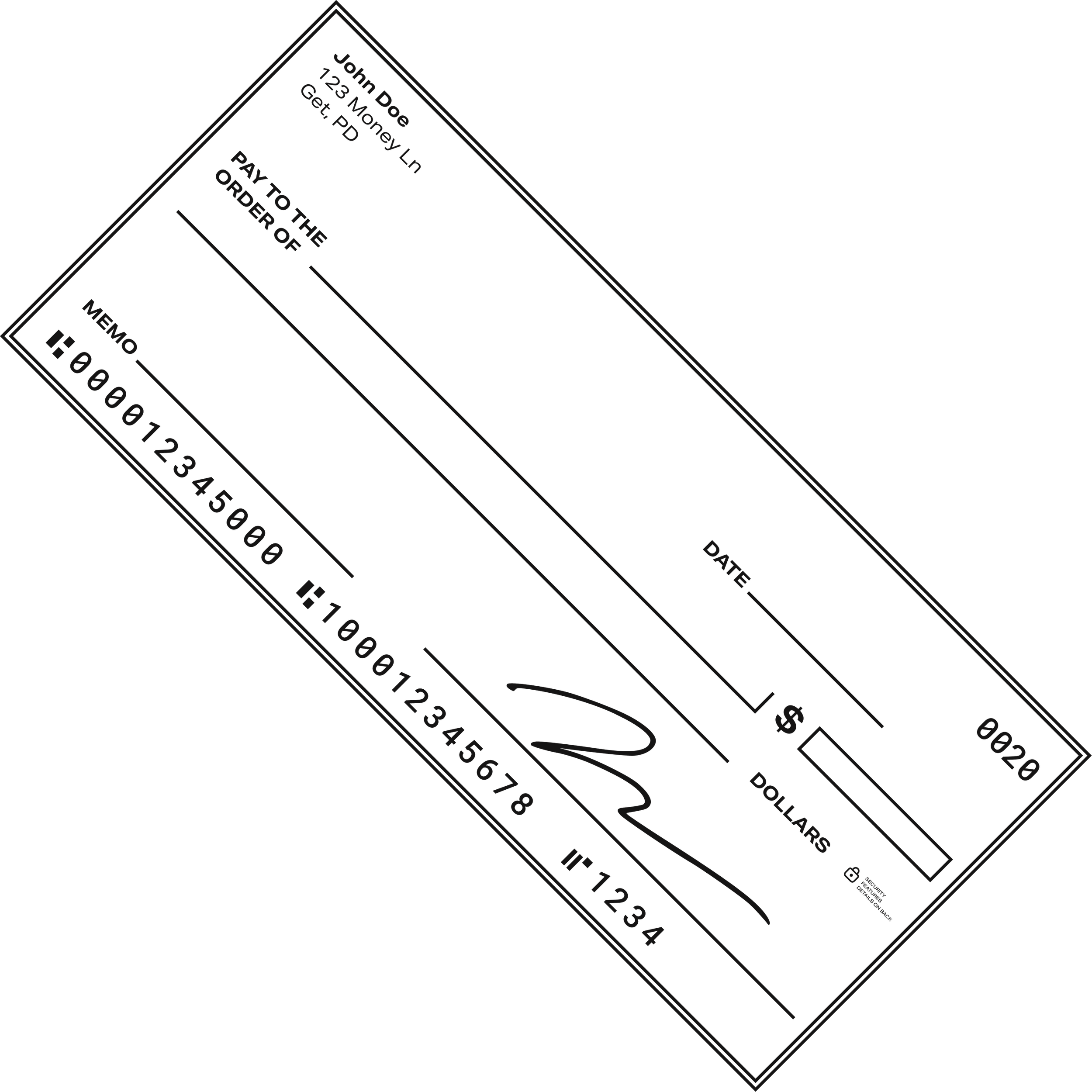 A black-and-white line drawing of a check with text showing the name 'John Doe' and address '123 Money Ln', a space for the date and amount, and signature, with faint printed details.