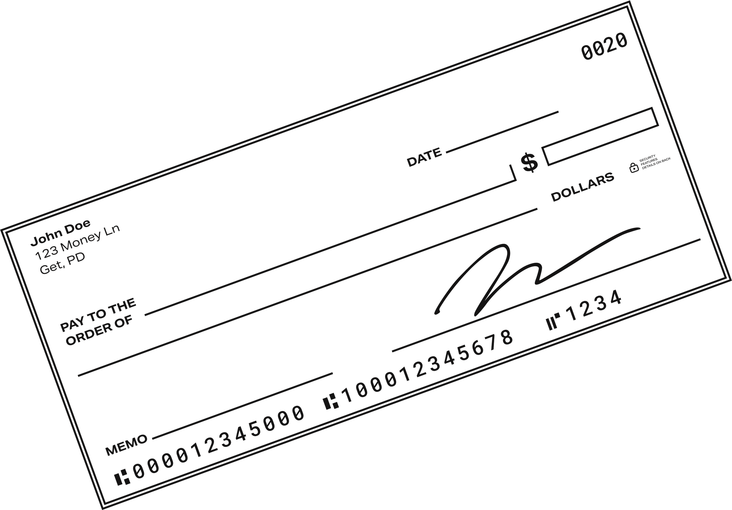 A black and white check with a signature line, dollar amount, date, and payee line, resembling a check.