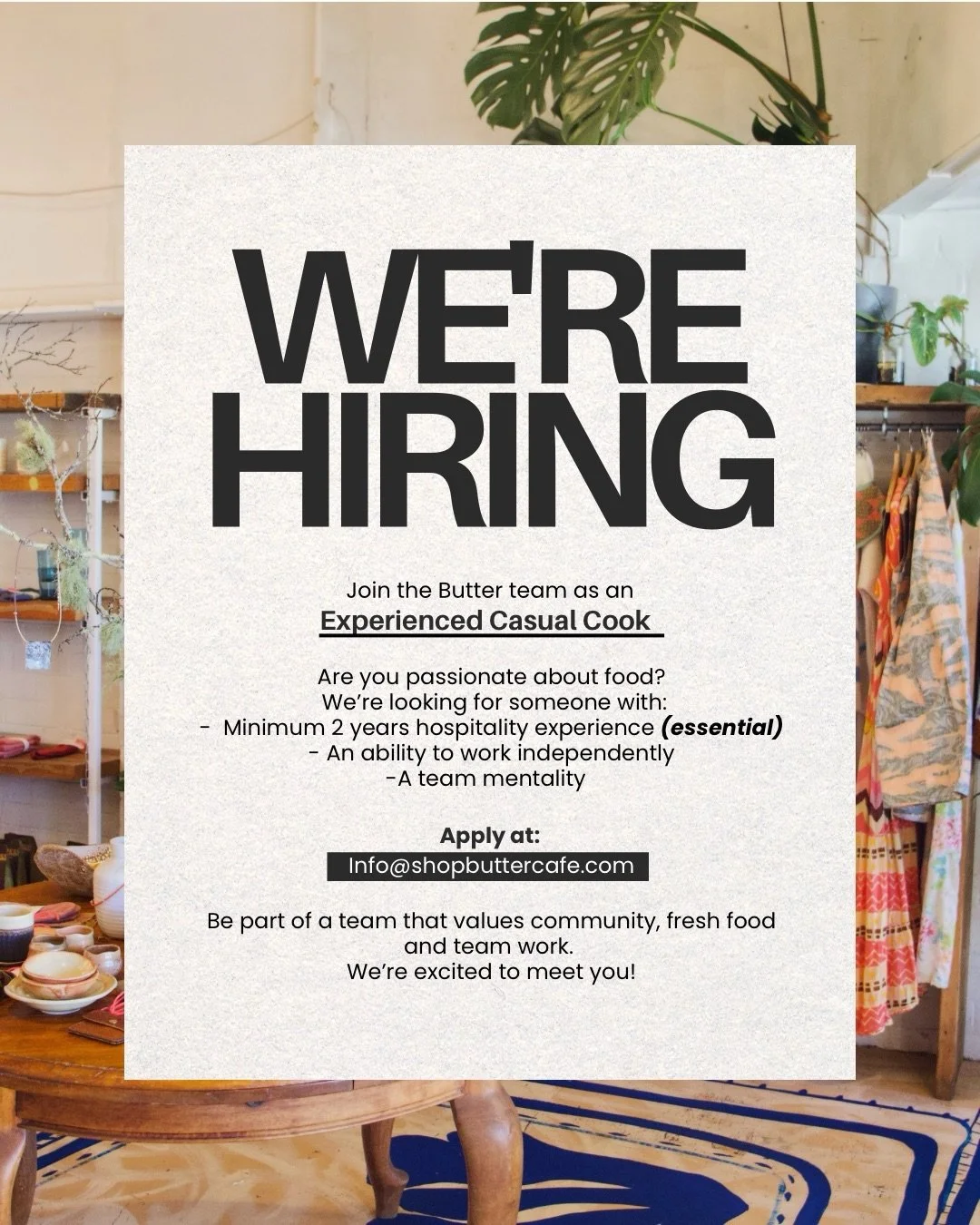 We&rsquo;re hiring ☕️ 👩&zwj;🍳 
Head Barista + Casual Cook

Looking for people who care deeply about quality, rhythm, and the experience of a space.
Strong hands, calm presence, and an eye for detail.

If this feels like you, we&rsquo;d love to hear