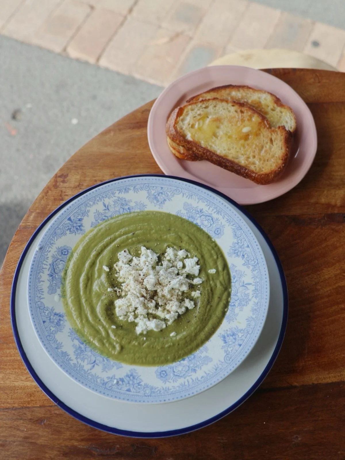 Broccoli, silverbeet and leek soup topped with feta and basil oil 🌿 

Available now