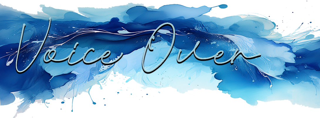 Abstract blue digital art background with the text 'Voice Over' in cursive script.