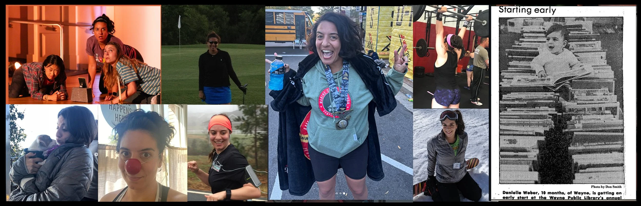 A collage of women engaging in various activities: some inside a theater or auditorium, playing golf on a green, smiling at a race event, working out at a gym, stretching outdoors in snow, comforting a dog, wearing a clown nose, running, and reading a book on stairs in a black-and-white photo. A caption mentions a baby named Danielle Weber at 10 months getting an early start at a library event.