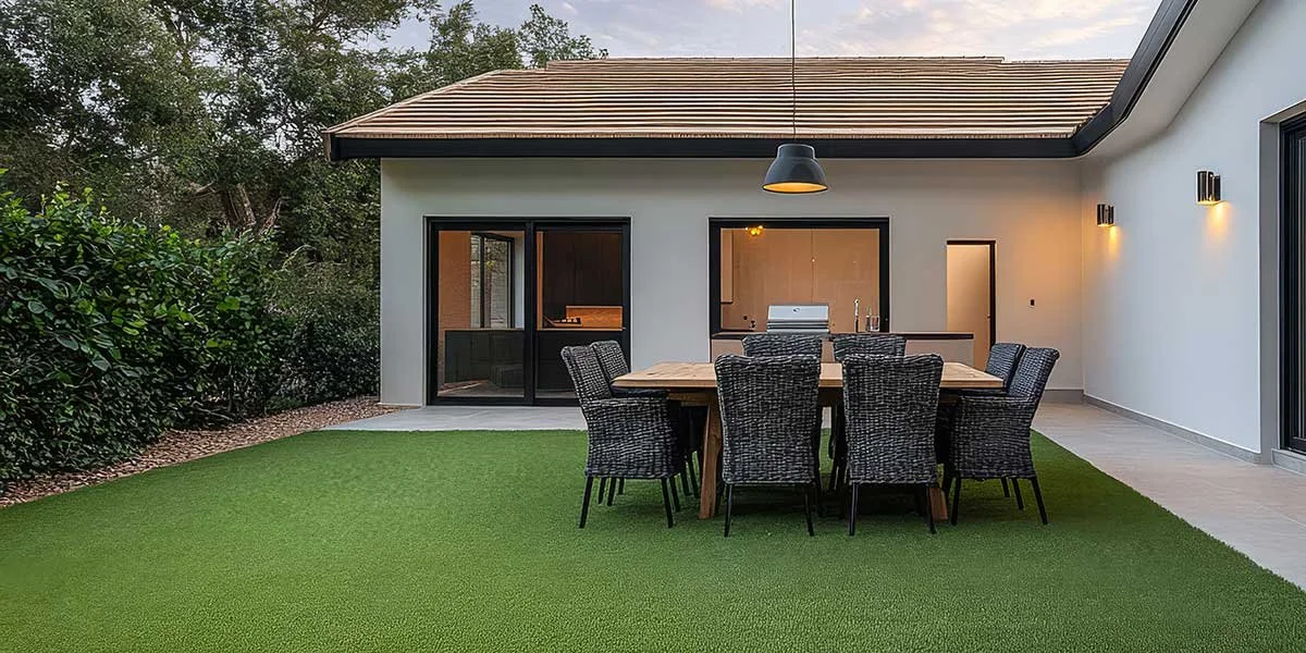 A modern patio featuring vibrant artificial turf installed beside an outdoor dining set and residential home in Dallas.