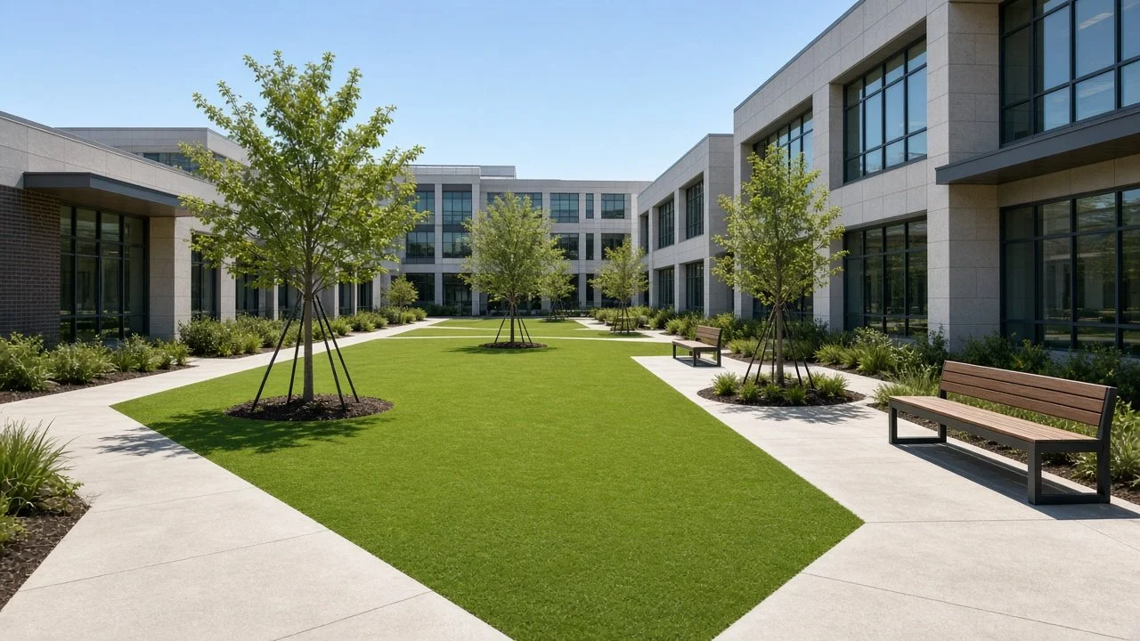 Commercial courtyard landscaped with artificial turf