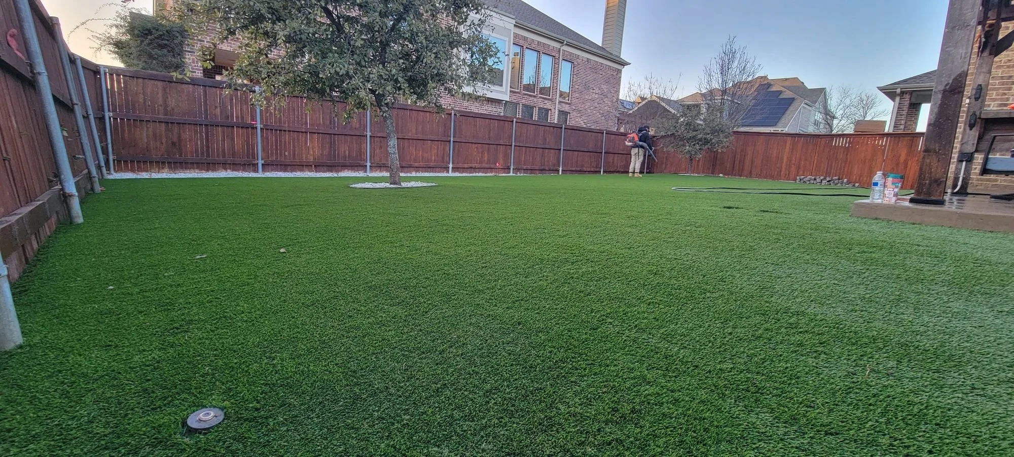 Lush green artificial lawn in a fenced DFW backyard