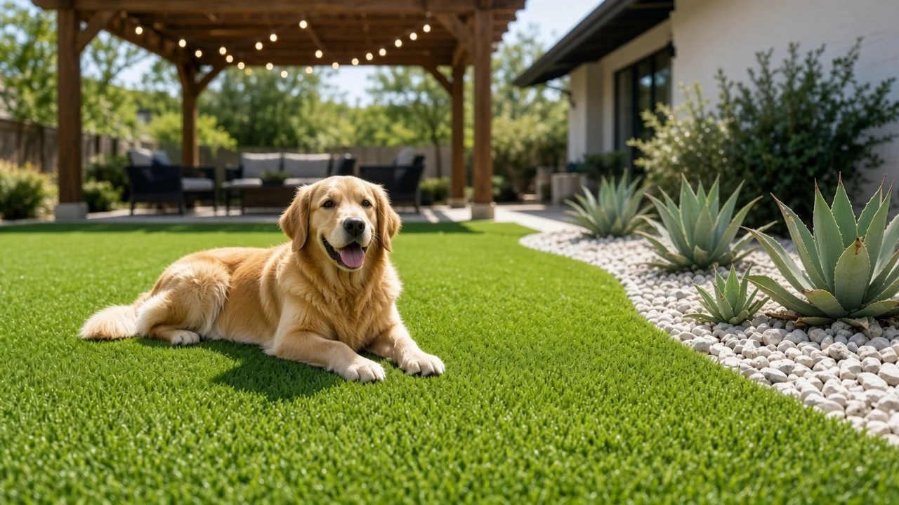 Golden retriever relaxing on artificial turf in a Texas backyard