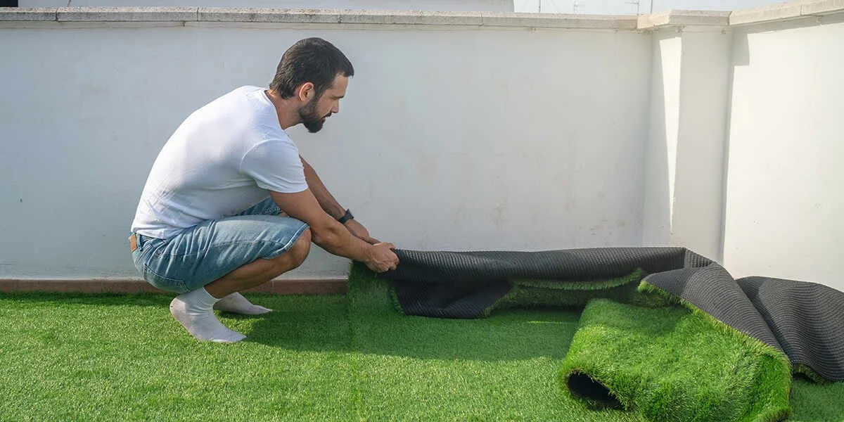 A man crouching down while rolling out green artificial turf over a prepared base on a rooftop patio.