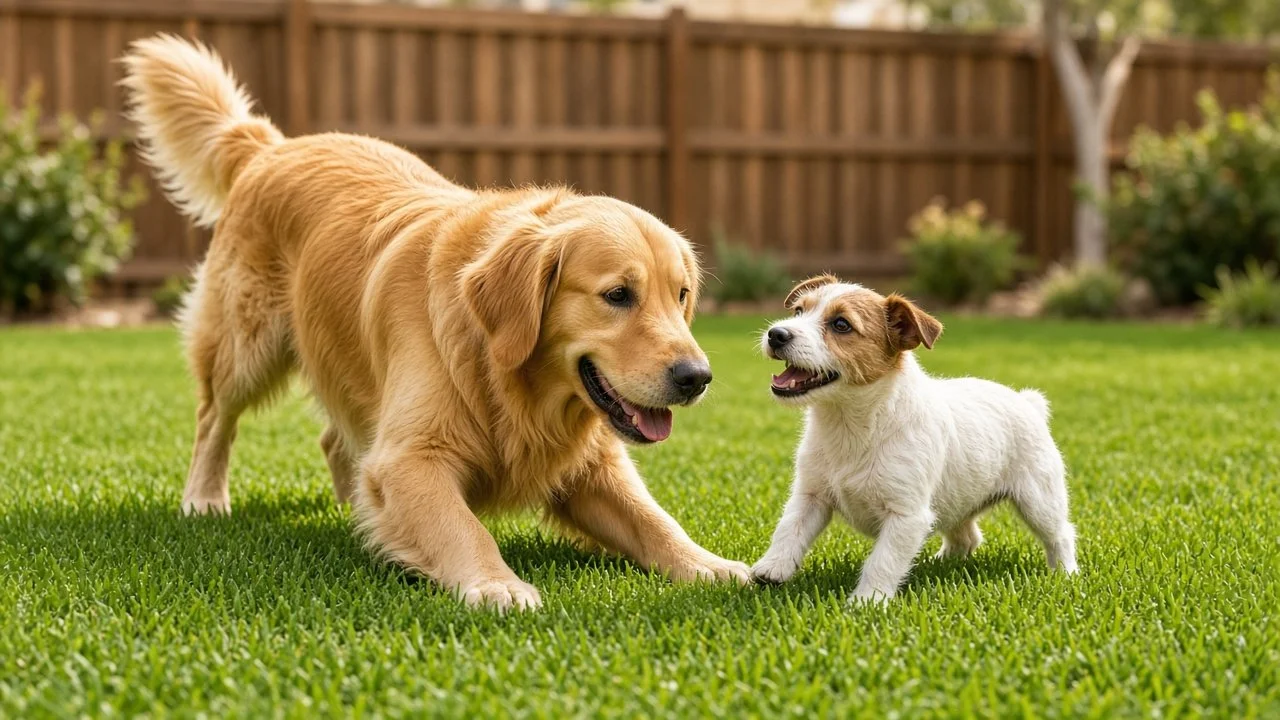Dogs playing on pet-friendly artificial grass