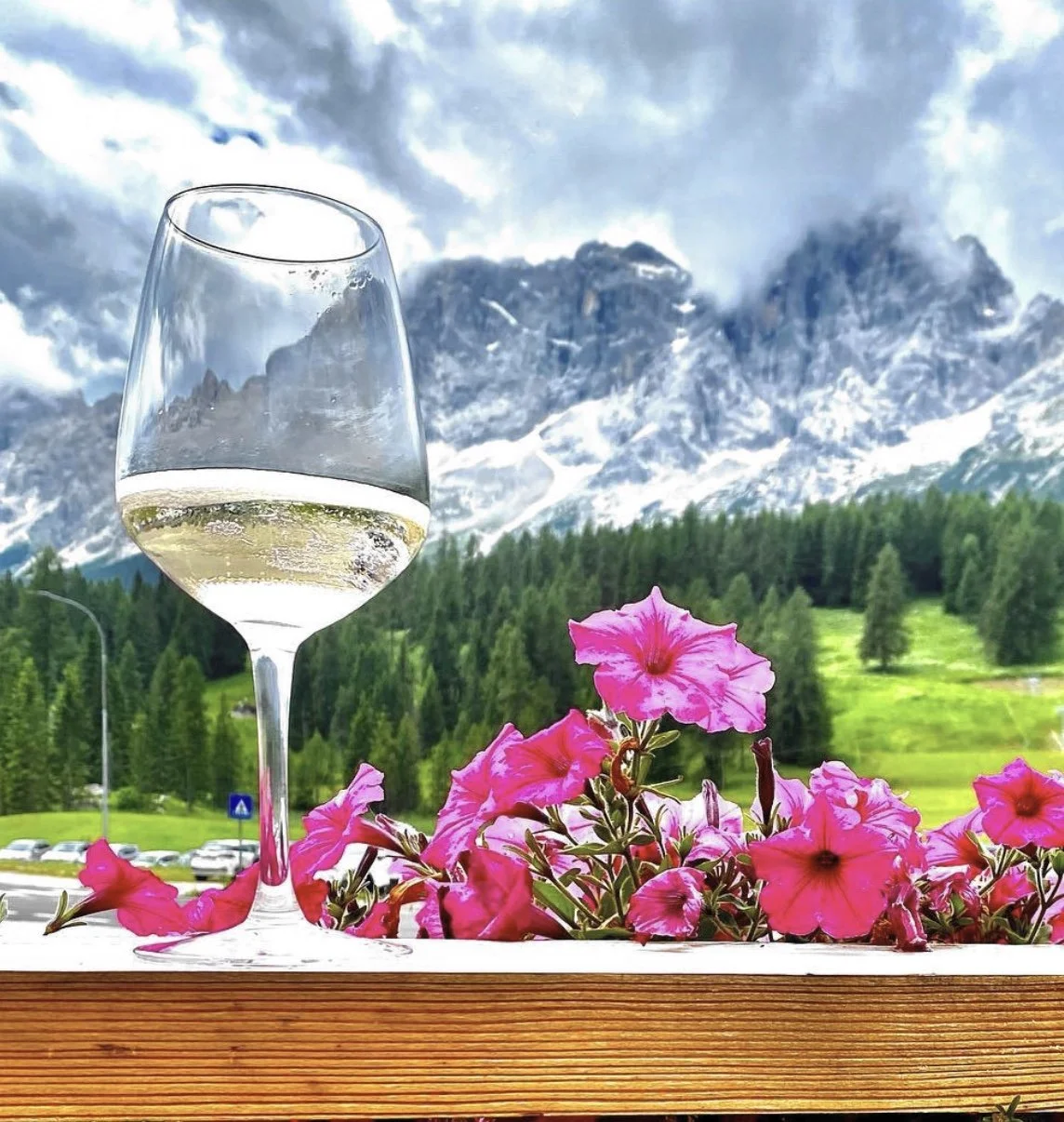 A glass of white wine on a wooden surface with pink flowers, green trees, snow-capped mountains, and cloudy sky in the background.
