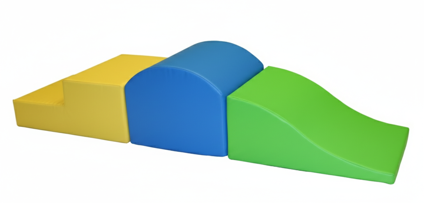 Colorful wooden toy ramp with yellow, blue, and green sections, designed for children.