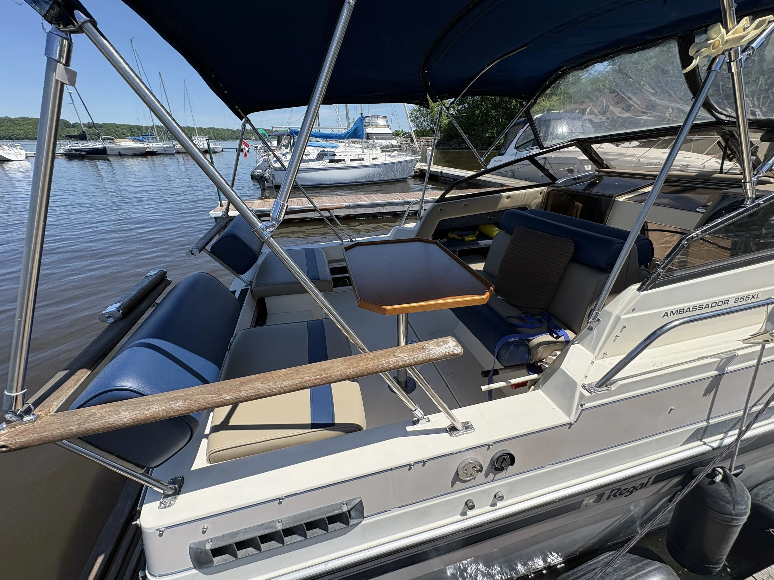 View from inside a boat with a blue canopy, looking out at a marina with several docked boats and sailboats on calm water, with green trees and blue sky in the background.