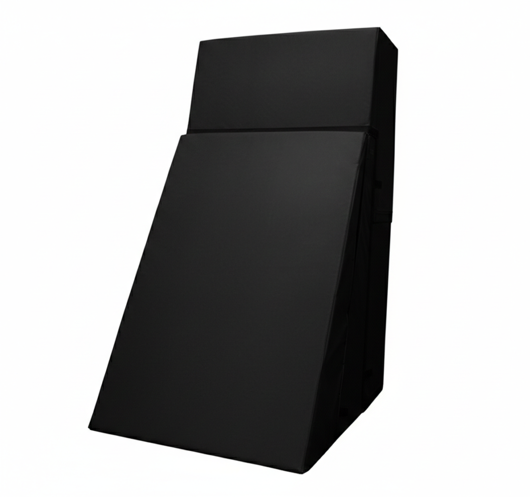 A black refrigerator viewed from a low angle, showing the front and side panels.