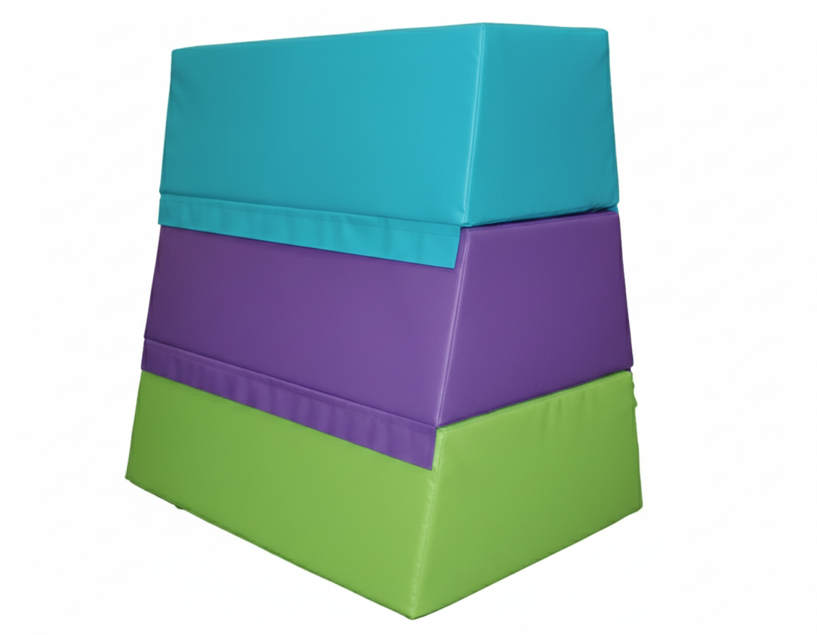 Colorful padded gymnastic or play equipment with three stacked sections in teal, purple, and green.