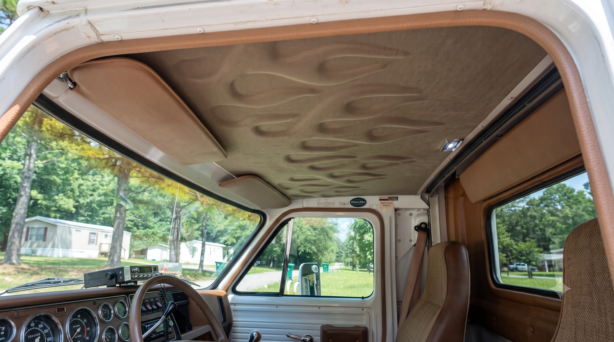 Interior of a vehicle with a beige cushioned ceiling, dashboard, steering wheel, and brown seats, with large windows showing trees and mobile homes outside.