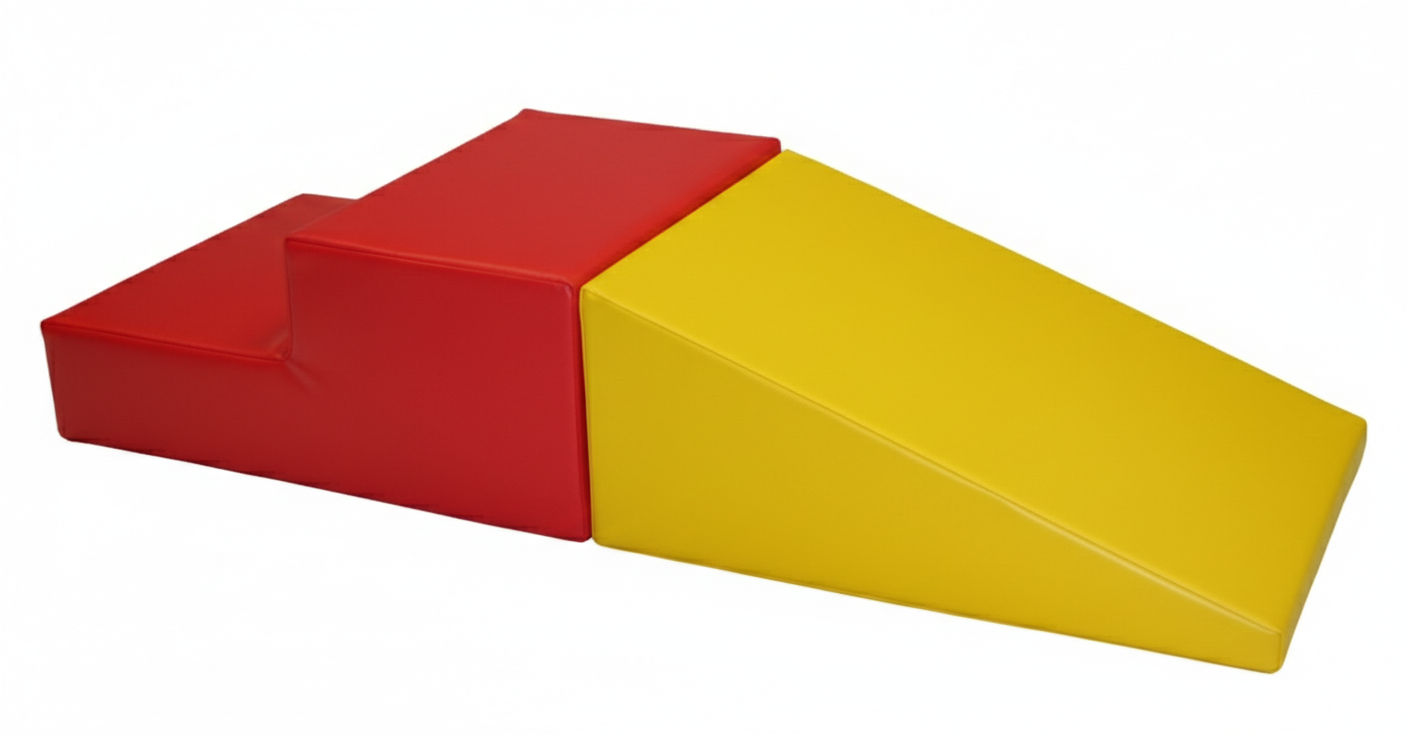 A colorful foam wedge for physical therapy, with a red top and a yellow bottom, designed for exercises or support.