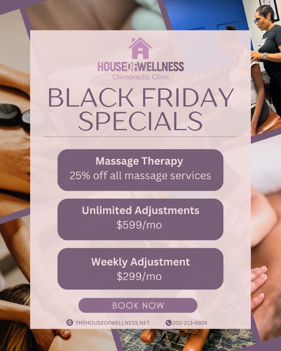 🎉 Black Friday Specials Are Here! 🎉

This year, take care of YOU with these unbeatable specials:

💆&zwj;♀️ 25% Off All Massage Services &ndash; Relax, rejuvenate, and save big!
💪 Unlimited Chiropractic Adjustments for $599/mo &ndash; Feel your be