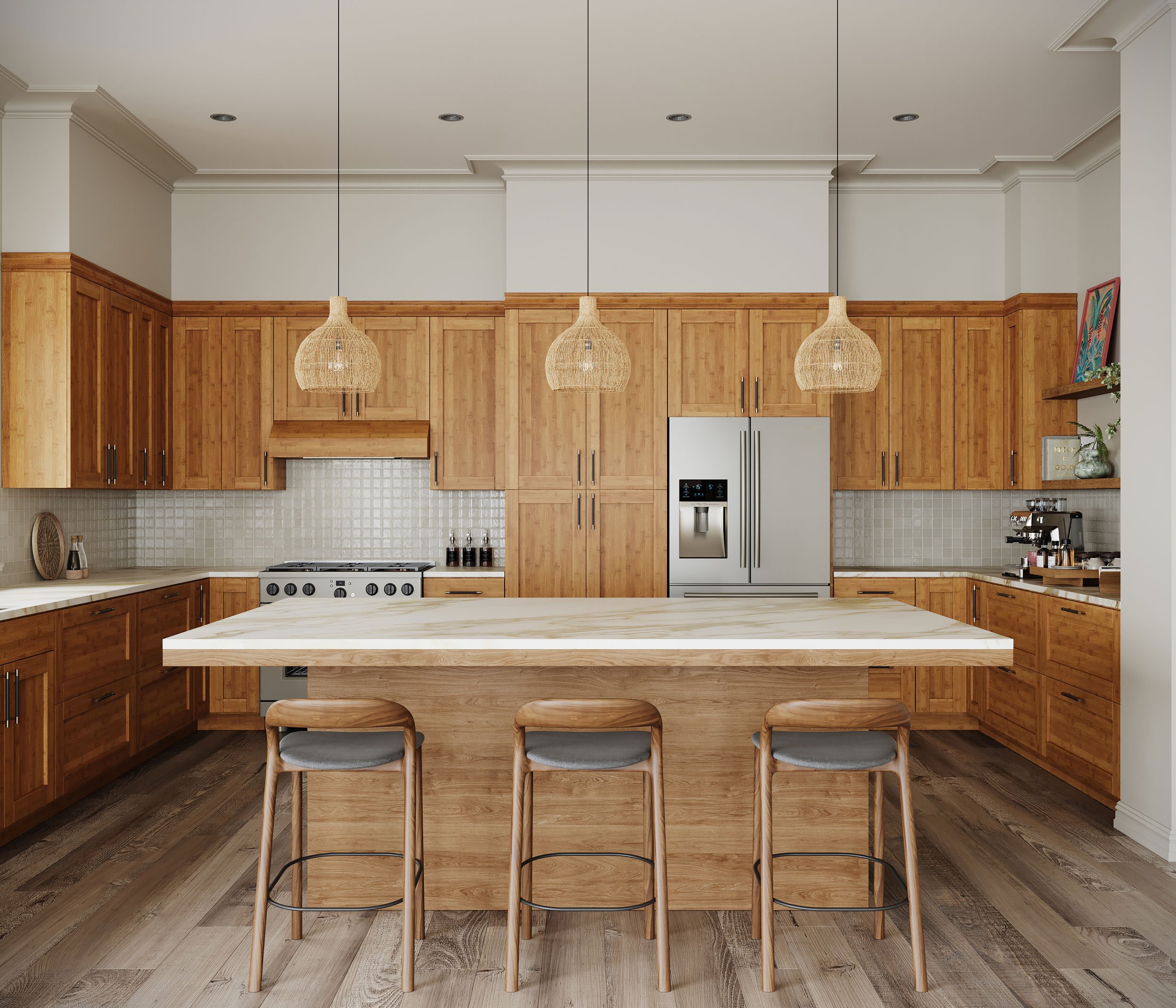 Natural bamboo shaker kitchen cabinets with flooring in a Hawaii home
