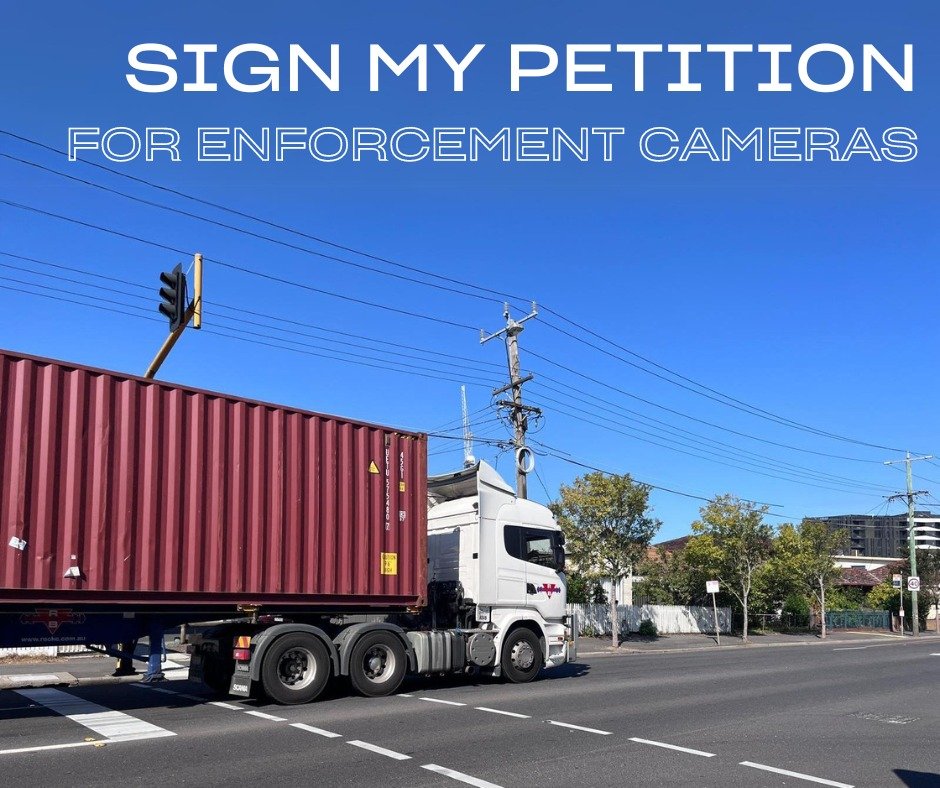 314.
 
That's how many people have signed my petition so far &ndash; thank you. Currently truck movements are monitored by the National Heavy Vehicle Regulator. The introduction of enforcement cameras will require legislative change and funding for t