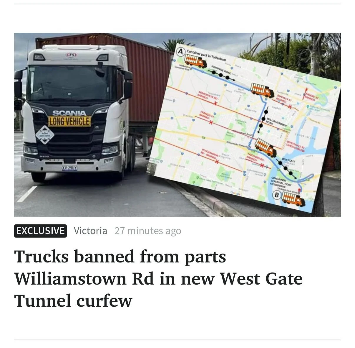 TRUE STORY:
After a lot of hard work. Years. @melissaforwilliamstown and I have secured curfews for Williamstown Road. A new No Truck Zone. Nights, weekends. 

We will have more to tell you over the next week but this is one of the proudest things I&