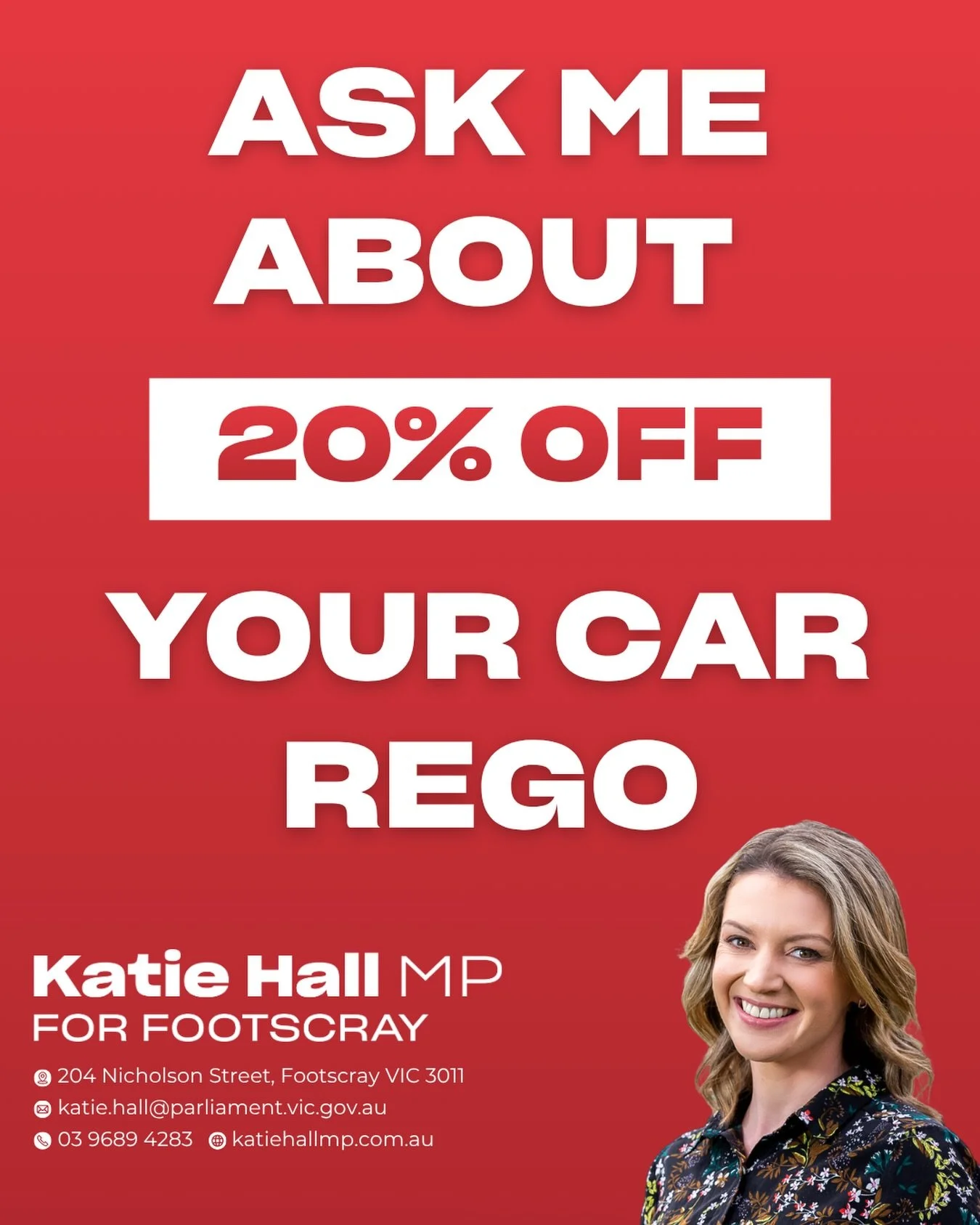 Need help registering for the 20% discount on your vehicle rego?  Have any questions or concerns? 
 
Contact or drop by my office for assistance. ❤️