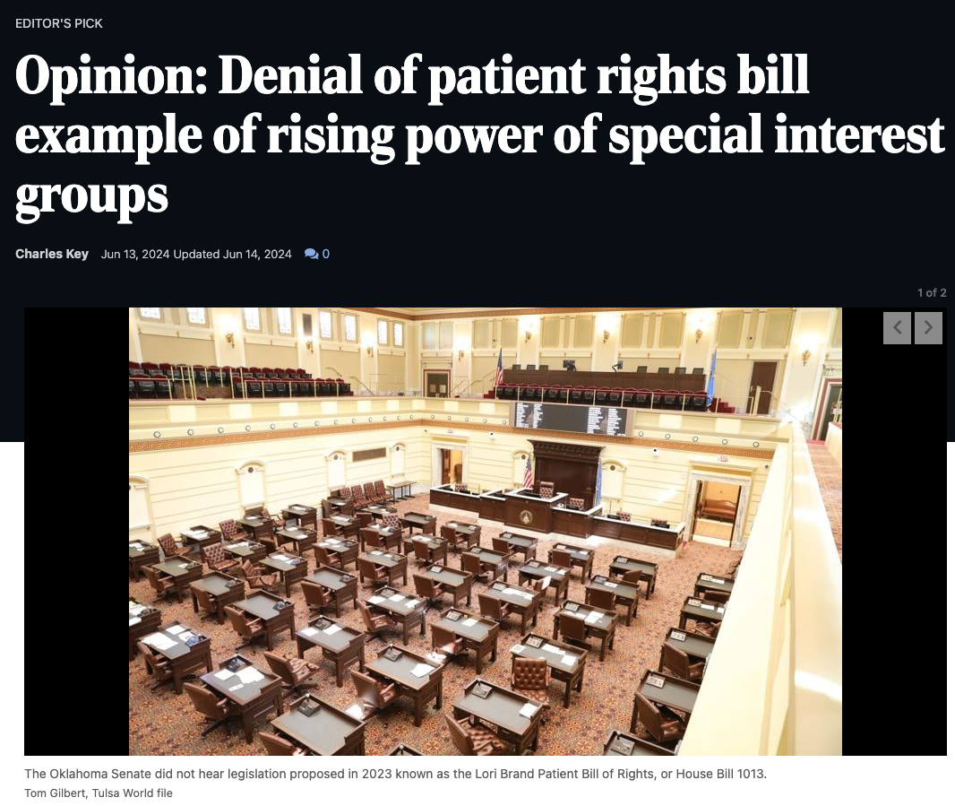 Published in Tulsa World: Denial of Patient Rights Bill and the Power of Special Interest Groups
